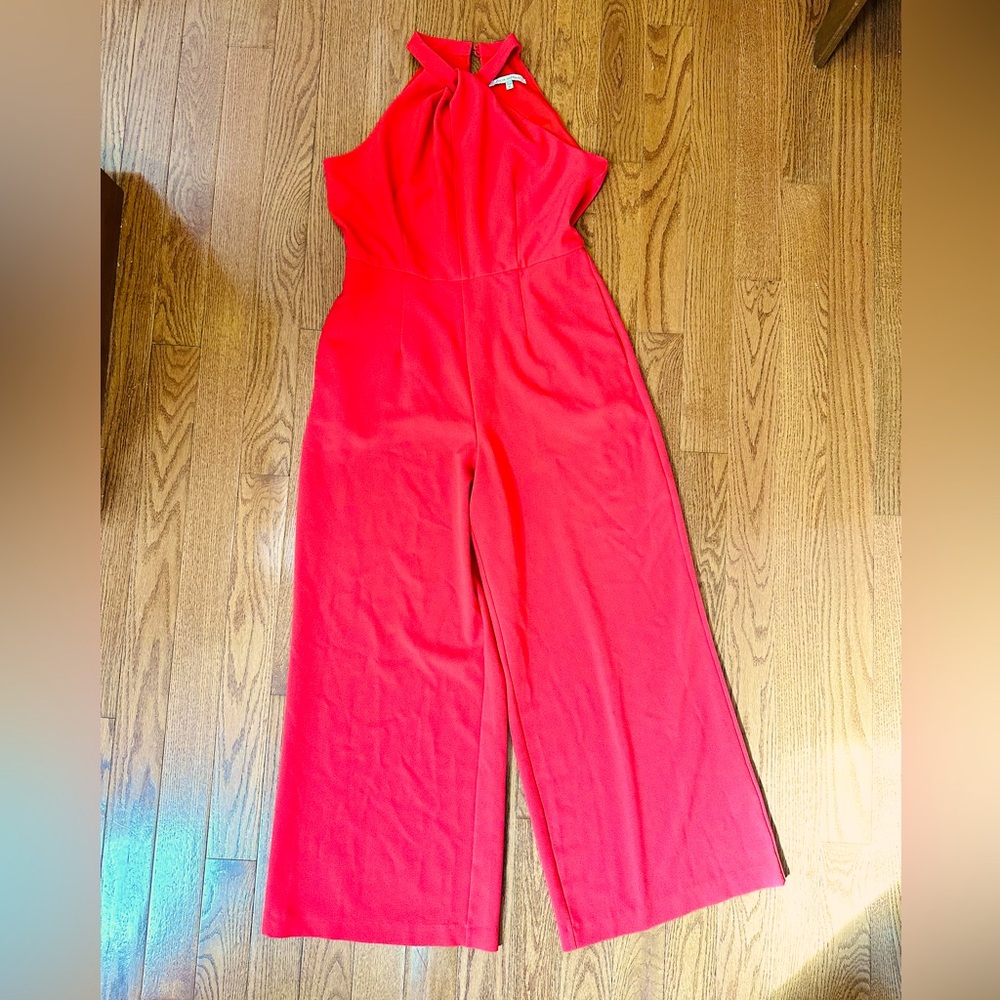Jumpsuit: Julia Jordan, size 16, red, wide leg, button halter neckline, EUC